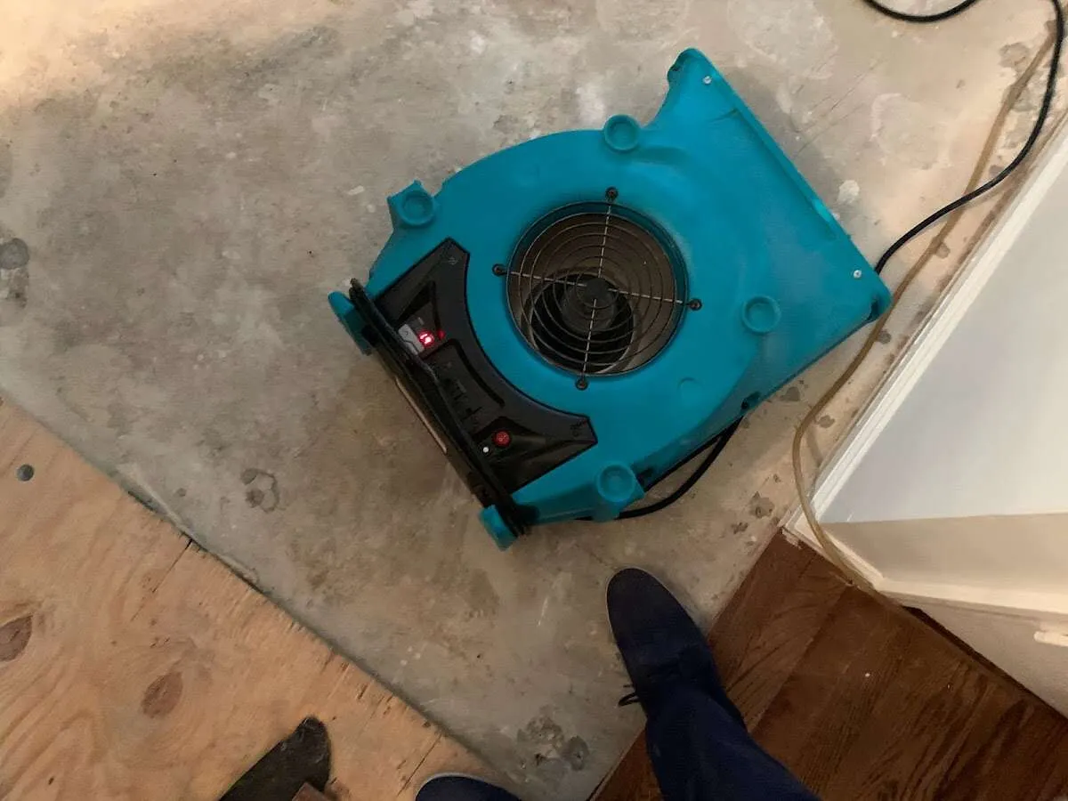 Air mover drying subfloor during Commercial Water Damage Restoration in Redland